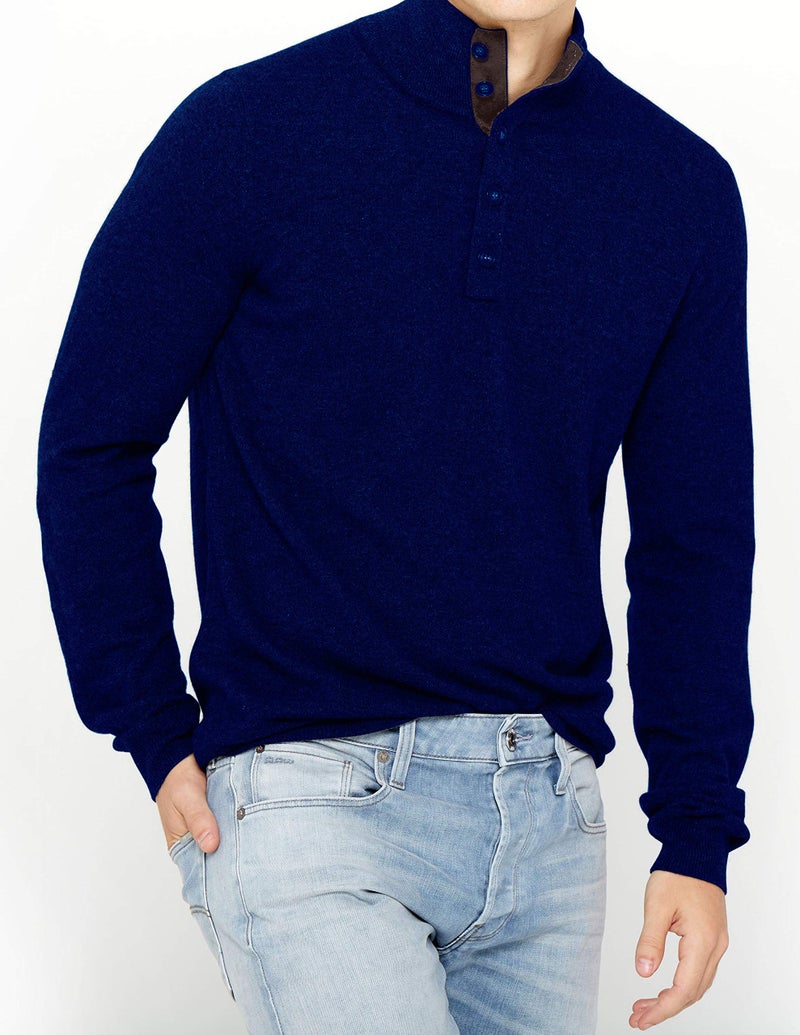 State Cashmere Button Up Mock Neck Sweater - Long Sleeve Pullover for Men Made with 100% Pure Cashmere Sourced from Inner Mongolia Goats - Soft, Lightweight & Versatile - (Navy, Large) - Image 2
